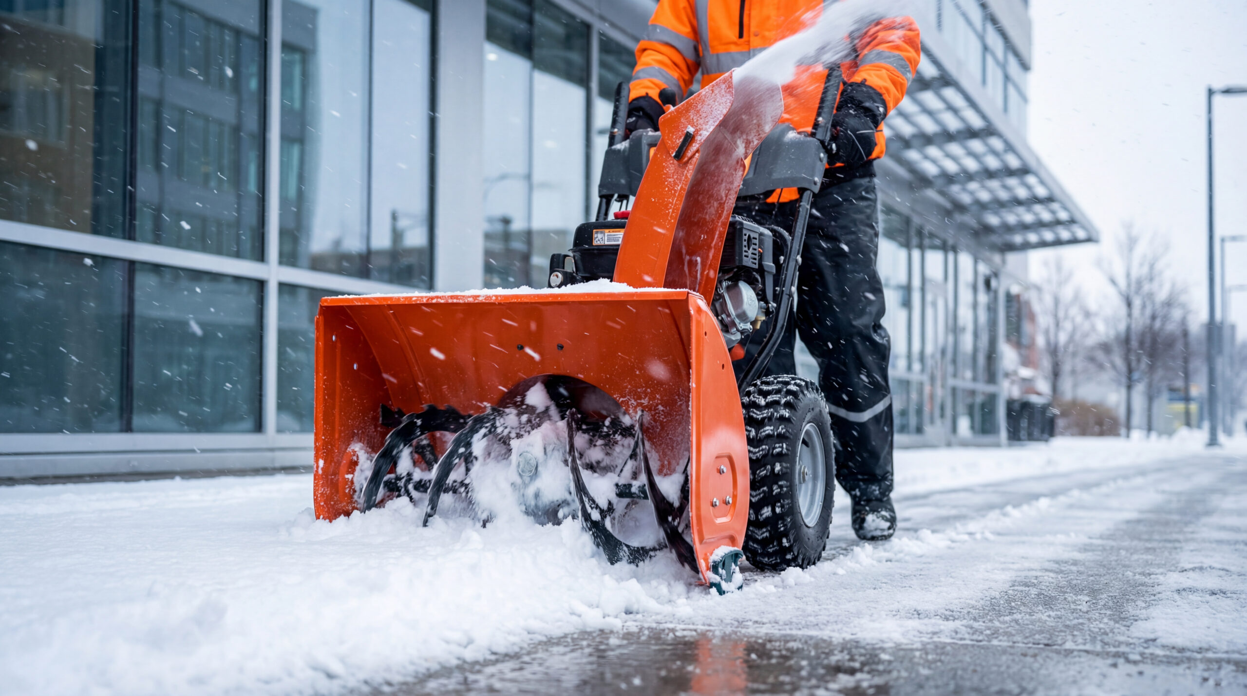 Worker Using A Snowplow To Clear Fresh Snow From A City Sidewalk.